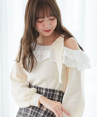 フリルワンショル肩リボンニット