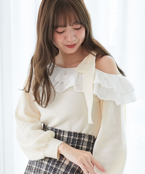 フリルワンショル肩リボンニット