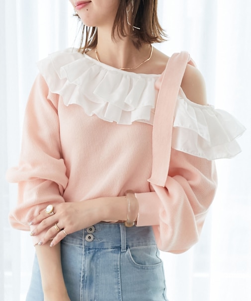 フリルワンショル肩リボンニット