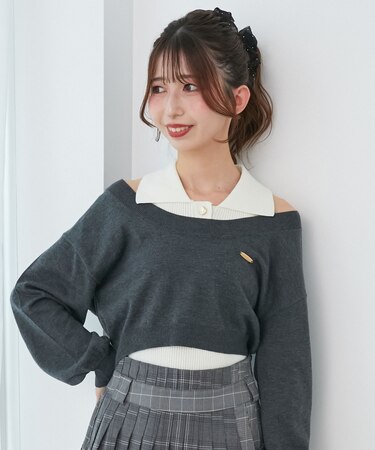 襟付ノースリニットセットオフショルニット