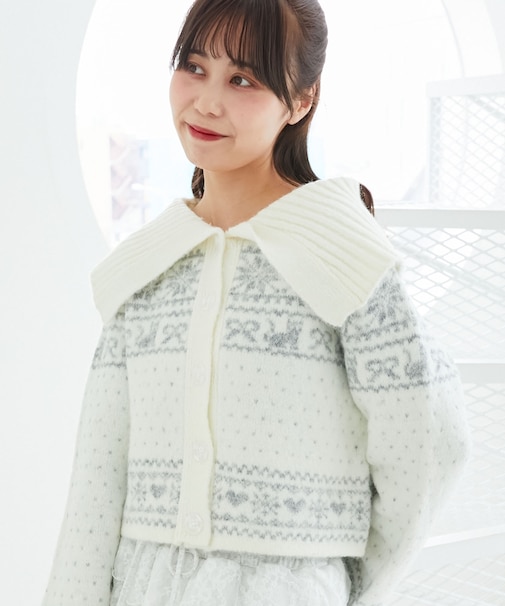 襟付きネコチャンジャカードカーデ