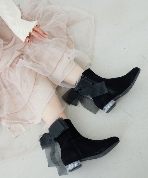 ローヒール取り外しリボンブーツ
