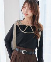 肩リボンチェックバイカラートップス