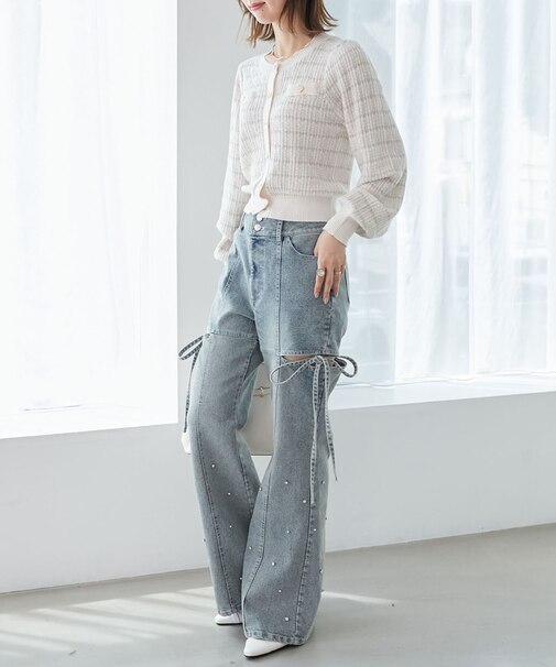 スリットビジューフレアデニムパンツ