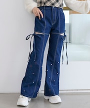 スリットビジューフレアデニムパンツ
