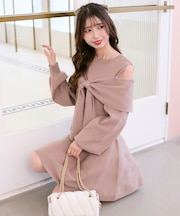 ビジューリボンニットミニワンピース