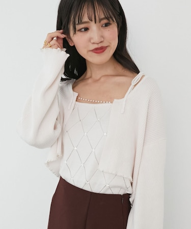 ダイヤ柄ビジューキャミセットカーデ