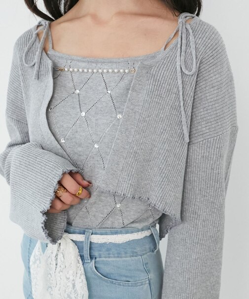 ダイヤ柄ビジューキャミセットカーデ