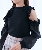 オープンショルダーフリルカットトップス