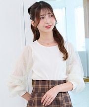 パールチュールスリーブ長袖トップス