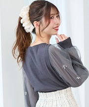 パールチュールスリーブ長袖トップス