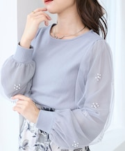 パールチュールスリーブ長袖トップス