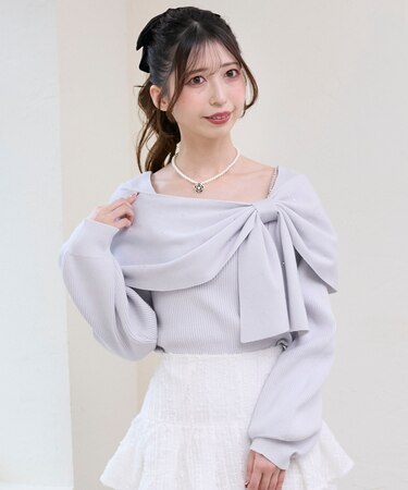 ビジューリボンオフショルニット