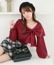 ビジューリボンオフショルニット