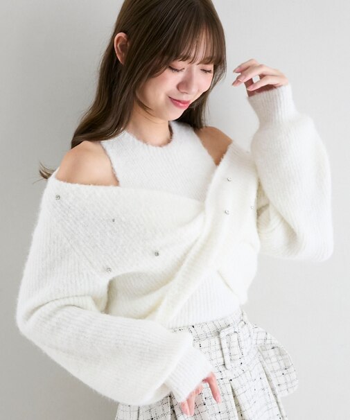 オープンショルダーカシュクールニット