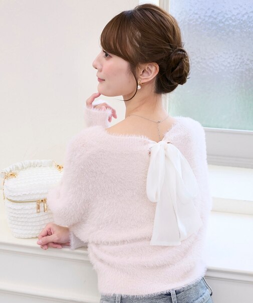 バックリボンシャギーニット