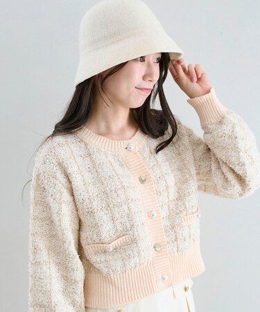 アソートボタンツイードニットカーデ