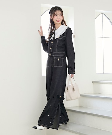 サイドリボンビジューデニムパンツ