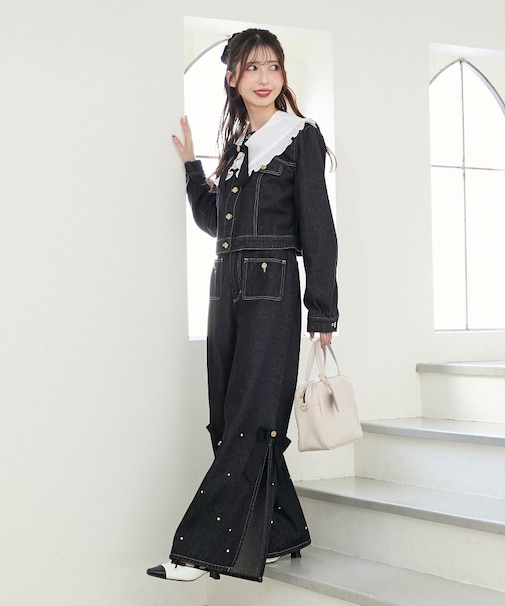 サイドリボンビジューデニムパンツ