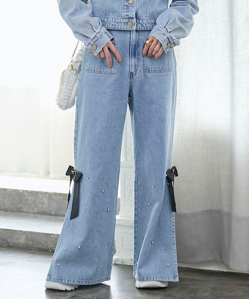 サイドリボンビジューデニムパンツ｜マジェスティックレゴンの通販