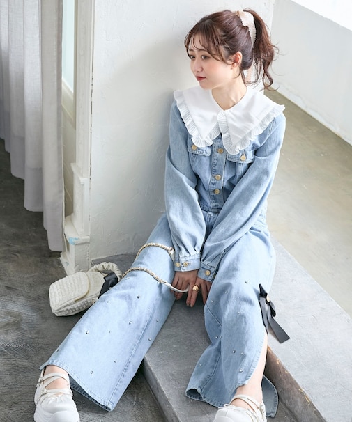 サイドリボンビジューデニムパンツ