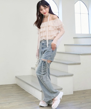 スリットビジューフレアデニムパンツ