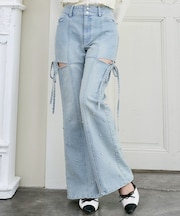 スリットビジューフレアデニムパンツ