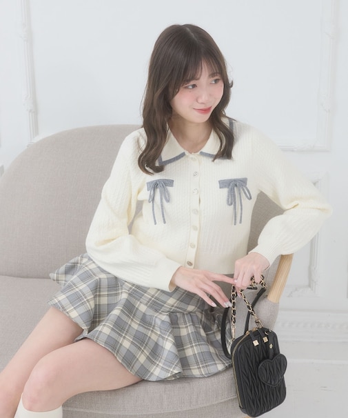 バイカラーリボンケーブルニットカーデ