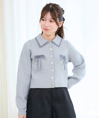 バイカラーリボンケーブルニットカーデ