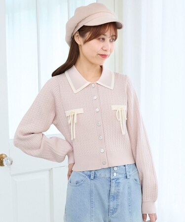 バイカラーリボンケーブルニットカーデ