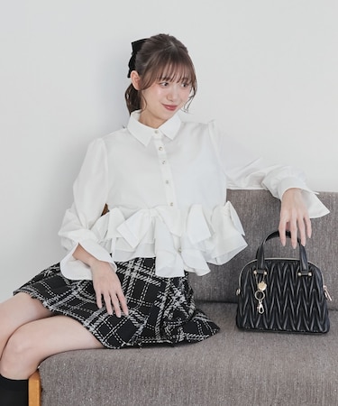 リボンフリルペプラムブラウス