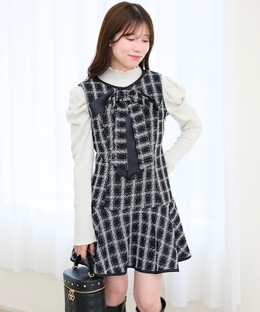 リボンブローチセットツイードワンピ