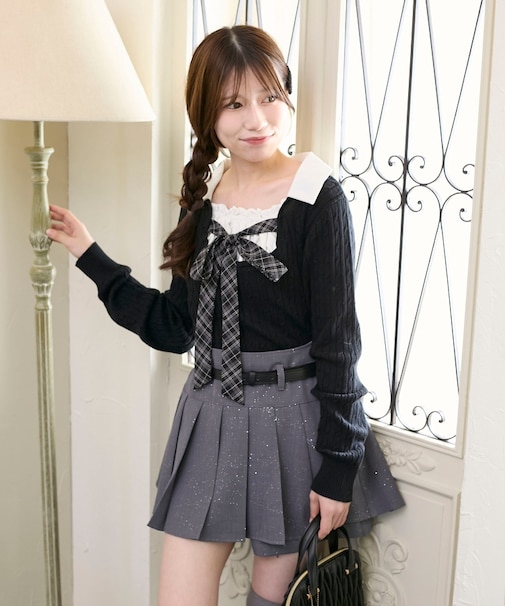 チェックリボンレイヤードライクニット