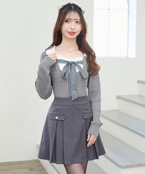 チェックリボンレイヤードライクニット