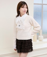 フリルトリムリボンタイセットニット