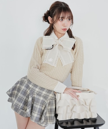 フリルトリムリボンタイセットニット