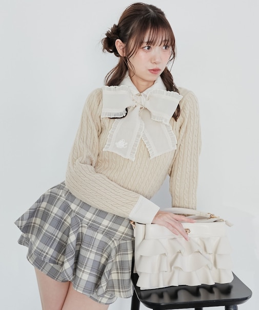 フリルトリムリボンタイセットニット