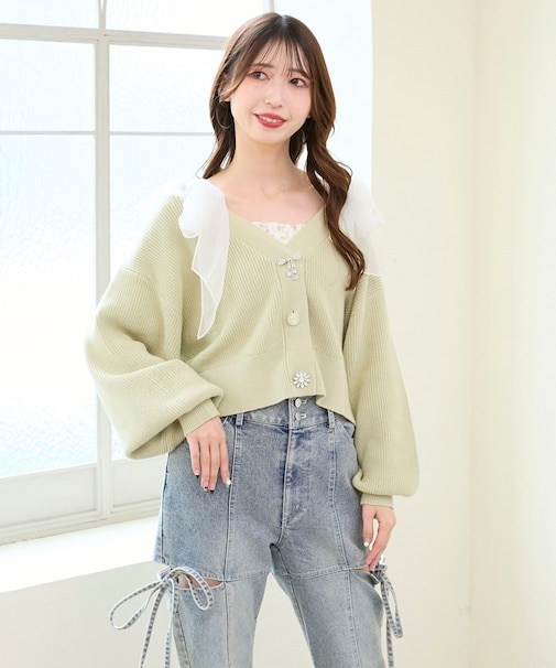 キラキラモチーフビジューボタンカーデ