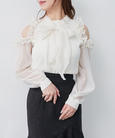 リボンセットシアーフリルニット