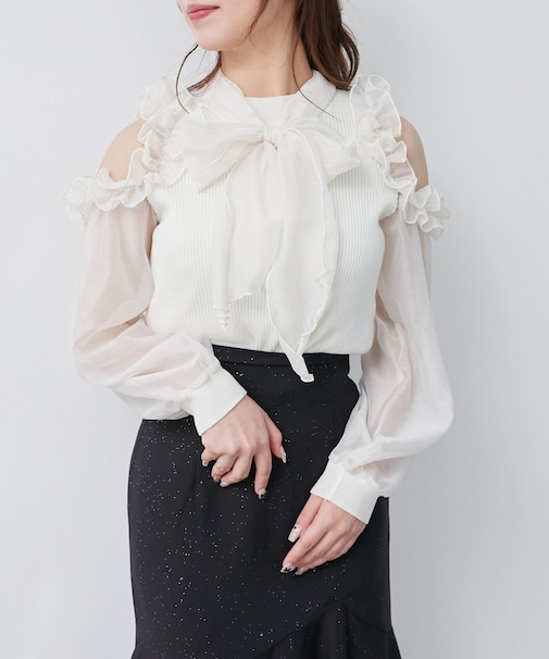 リボンセットシアーフリルニット