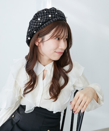 パール×リボンツイードベレー帽