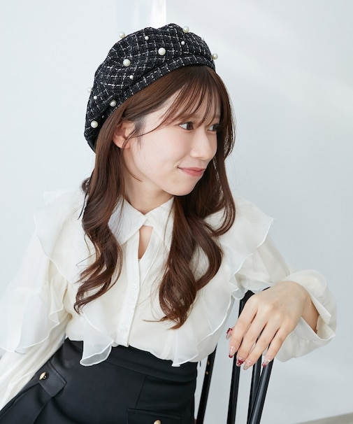 パール×リボンツイードベレー帽