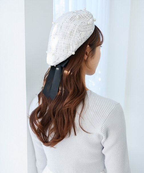パール×リボンツイードベレー帽
