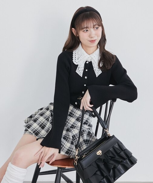 リボンレース襟ニットカーディガン