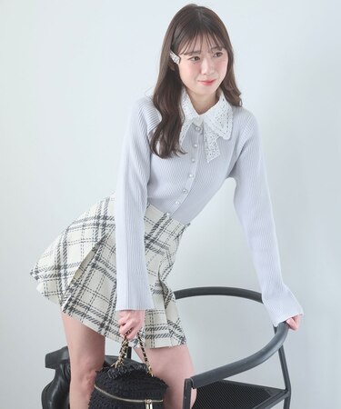リボンレース襟ニットカーディガン