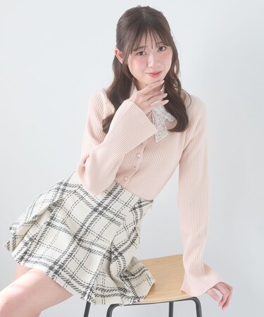 リボンレース襟ニットカーディガン