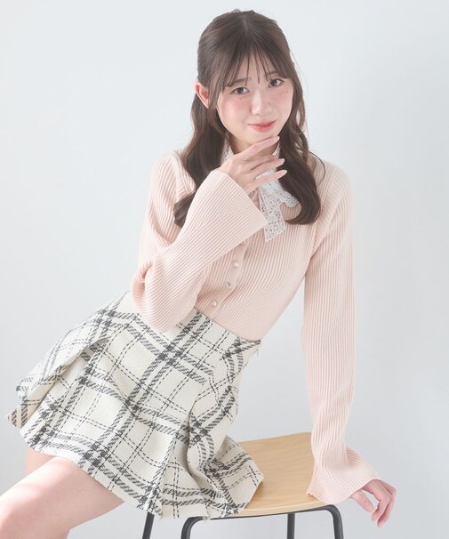 リボンレース襟ニットカーディガン