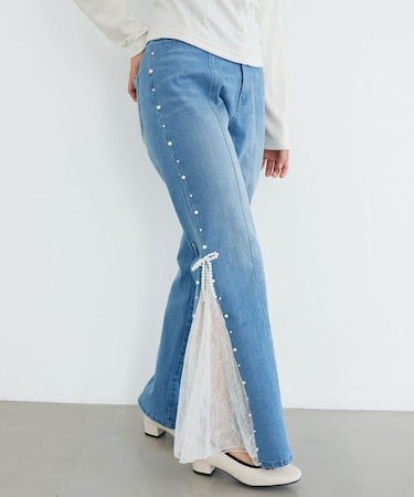 パール×レーススリットデニム