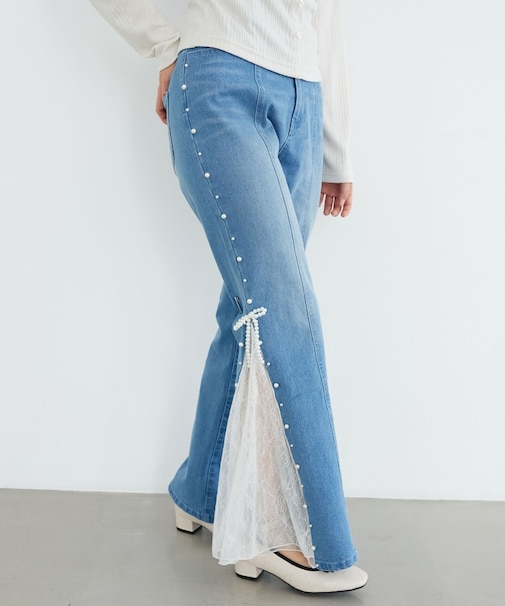 パール×レーススリットデニム