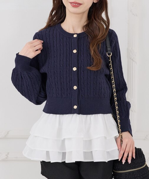 ゴールドボタンケーブルニットカーデ